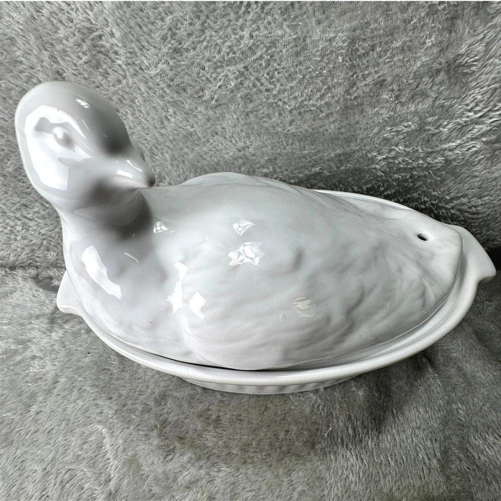 Pier 1 Imports Made in France Duck on a Nest Tureen Dish Ribbed White Ceramic